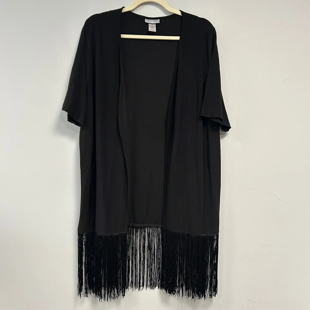 Catherines Black Fringe Trim Open Front Cover Up Duster Cardigan Size 1X